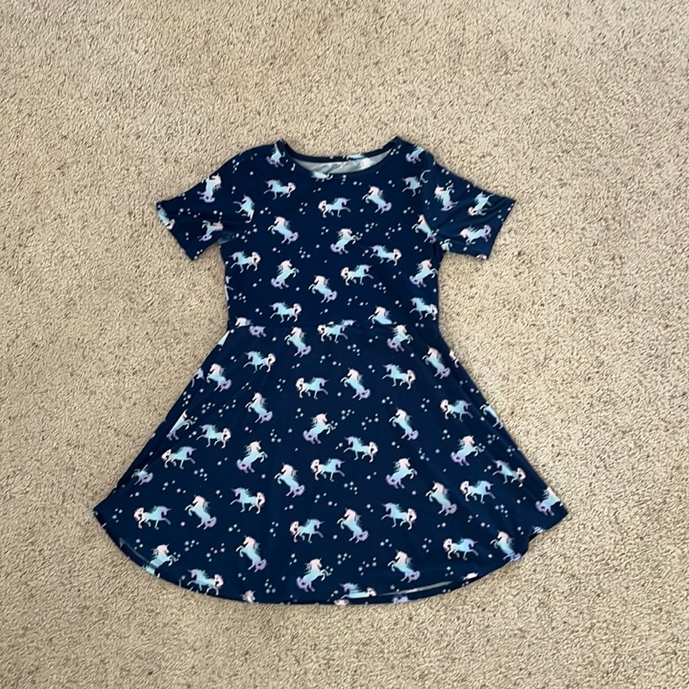 Girls blue unicorn dress. Size: L (10-12).